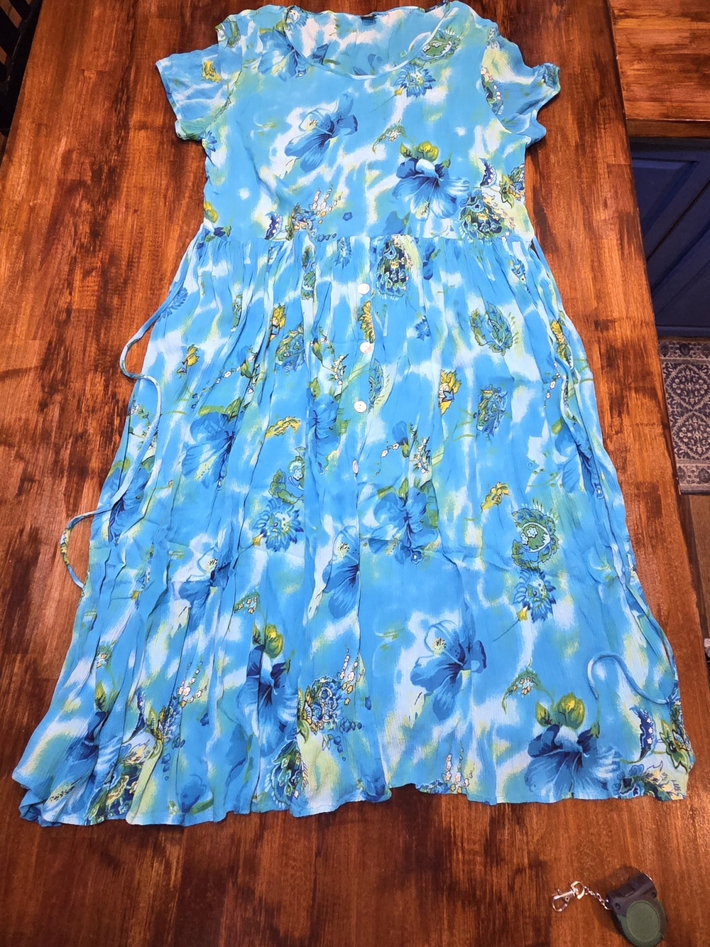 Bila Vintage Midi Maxi Summer Dress Size L Blue Green Floral Crinkle Boho